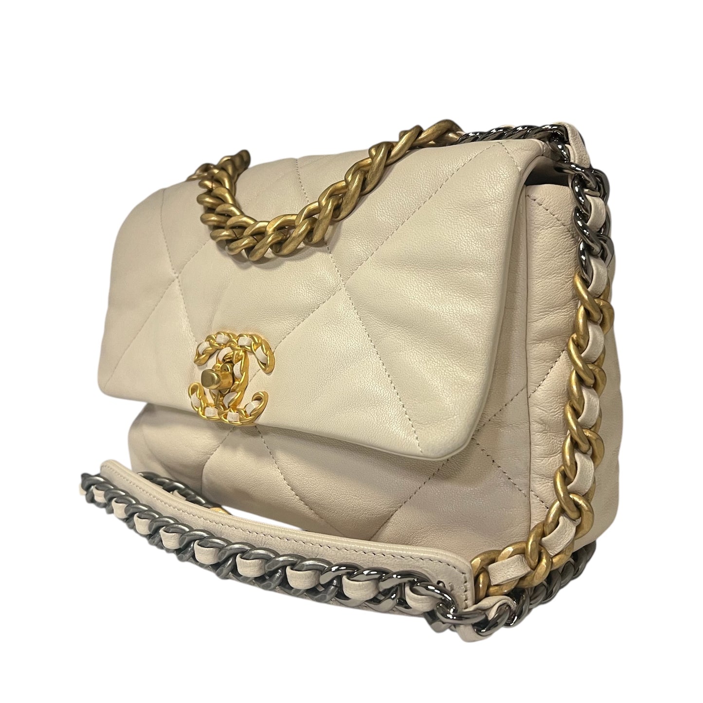 CHANEL Medium Quilted Chanel 19 Flap Bag in Ivory