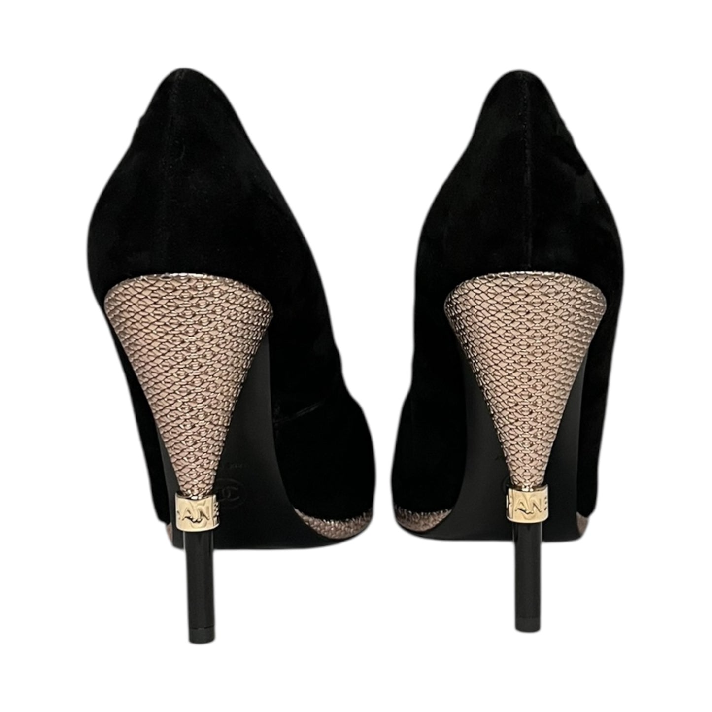 CHANEL Metallic Heel Suede Pumps in Black | 40