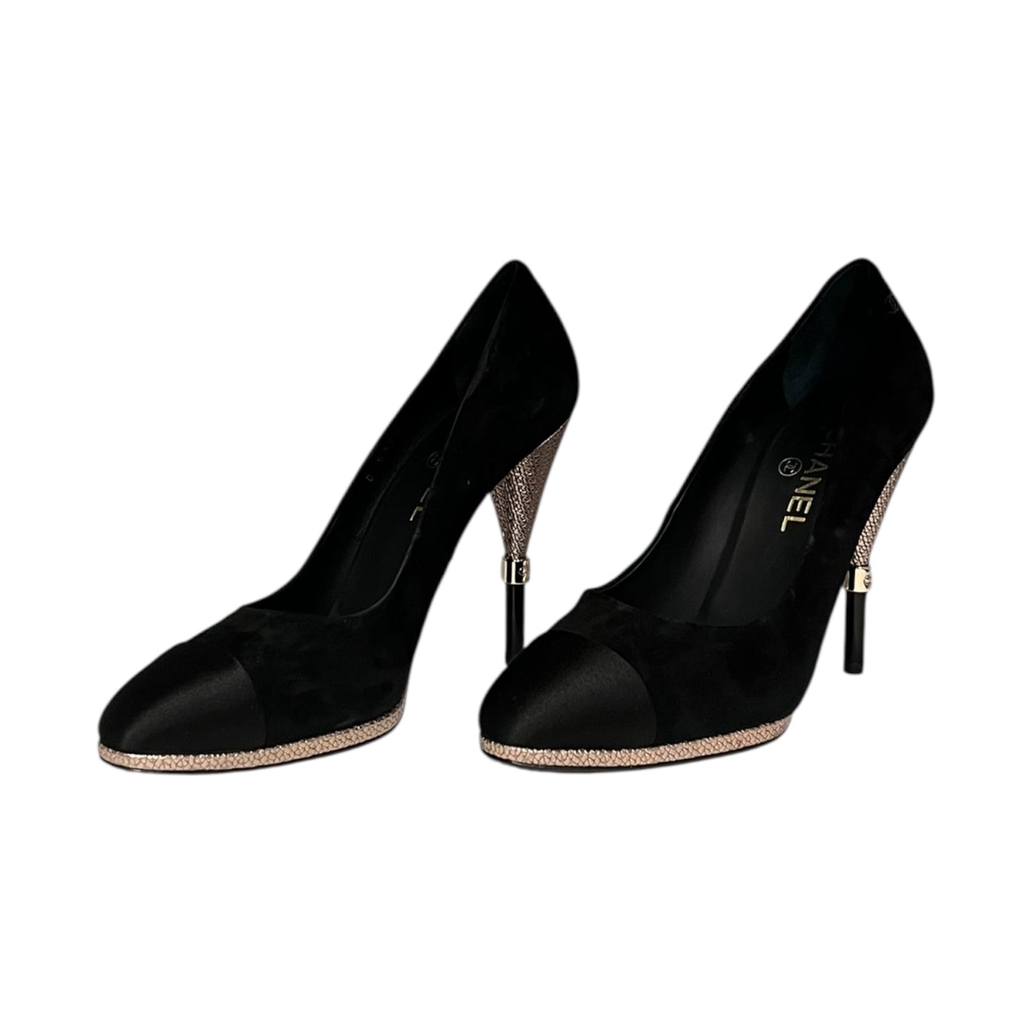 CHANEL Metallic Heel Suede Pumps in Black | 40