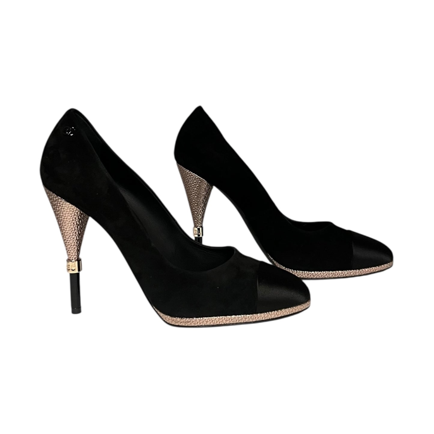 CHANEL Metallic Heel Suede Pumps in Black | 40