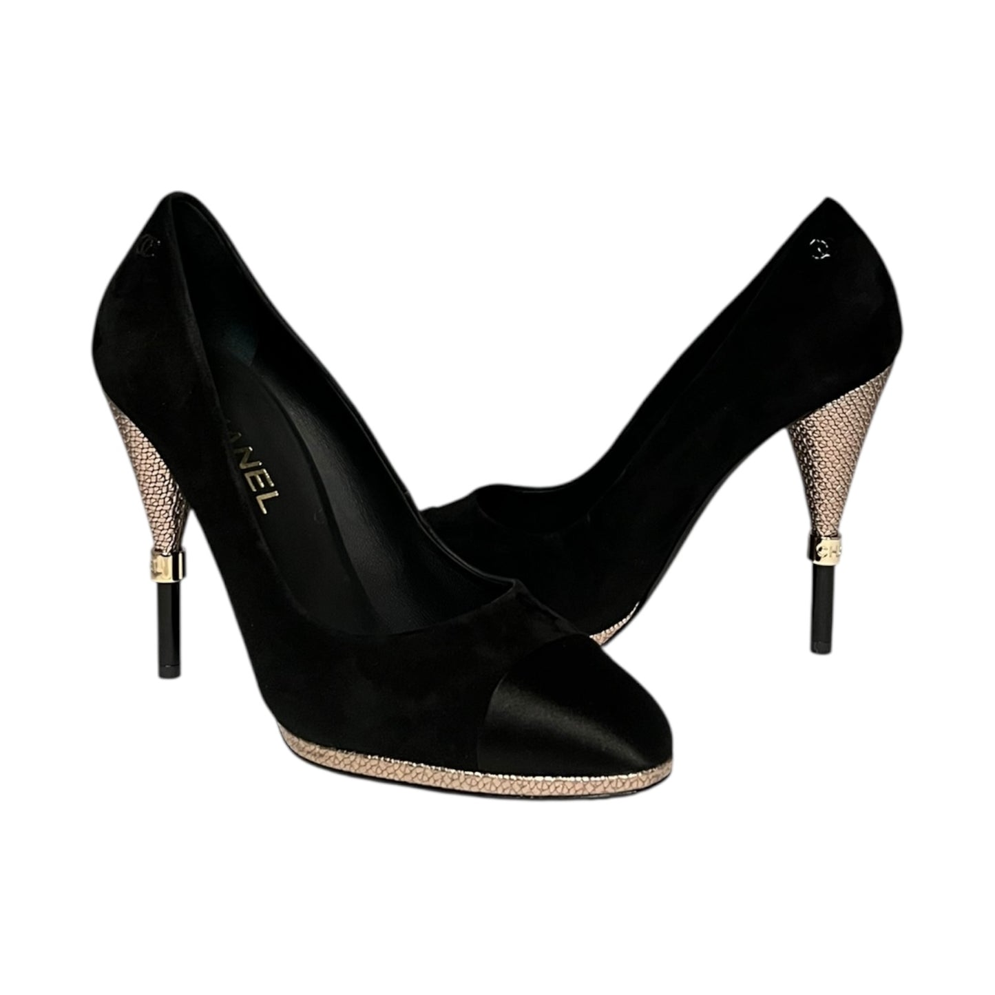 CHANEL Metallic Heel Suede Pumps in Black | 40