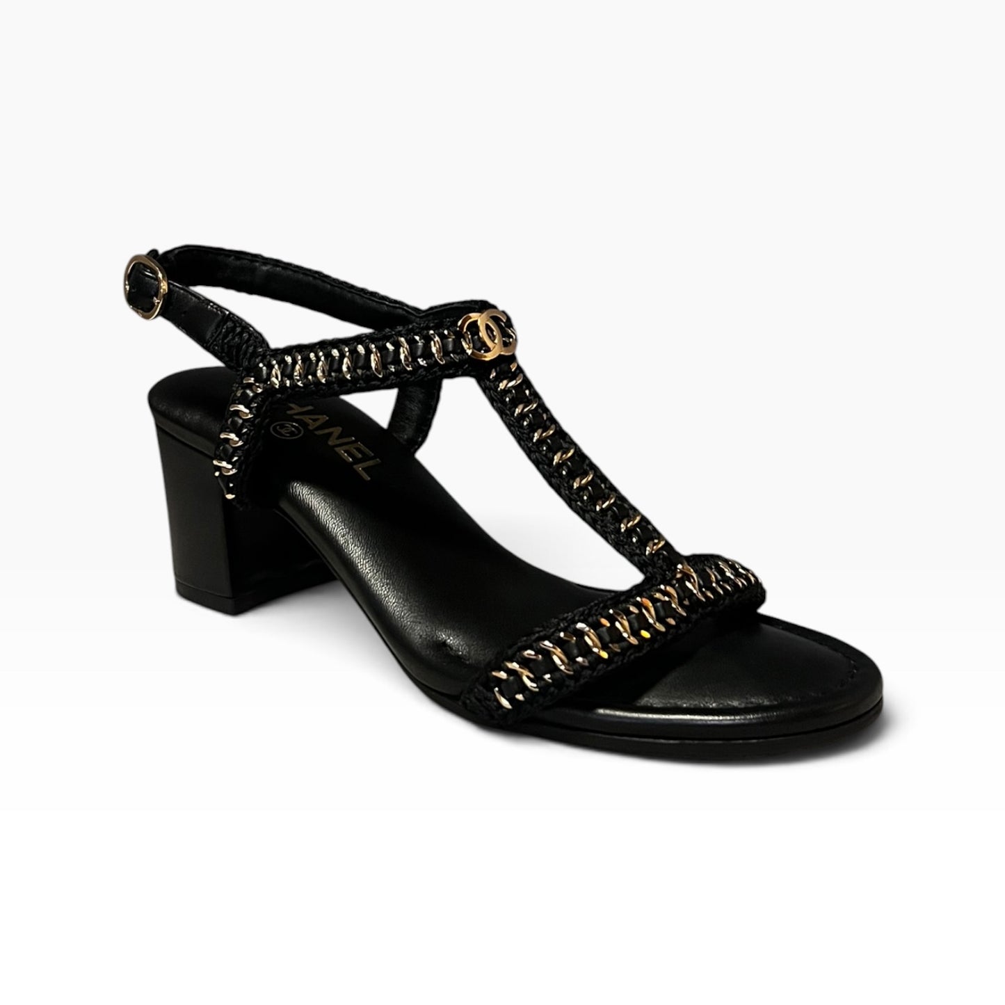 CHANEL Chain Around T Strap Sandal in Black & Gold | 38