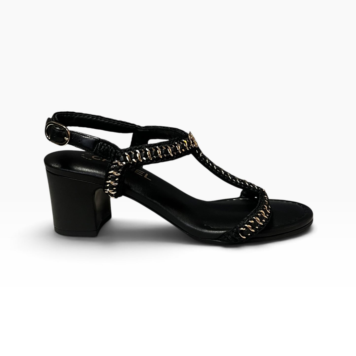 CHANEL Chain Around T Strap Sandal in Black & Gold | 38