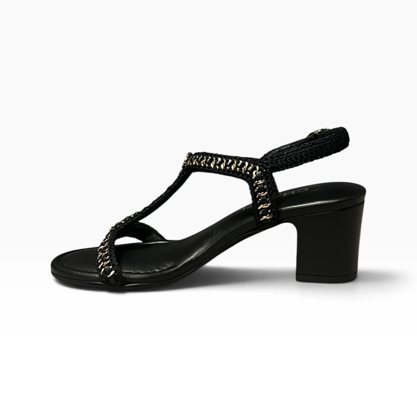 CHANEL Chain Around T Strap Sandal in Black & Gold | 38