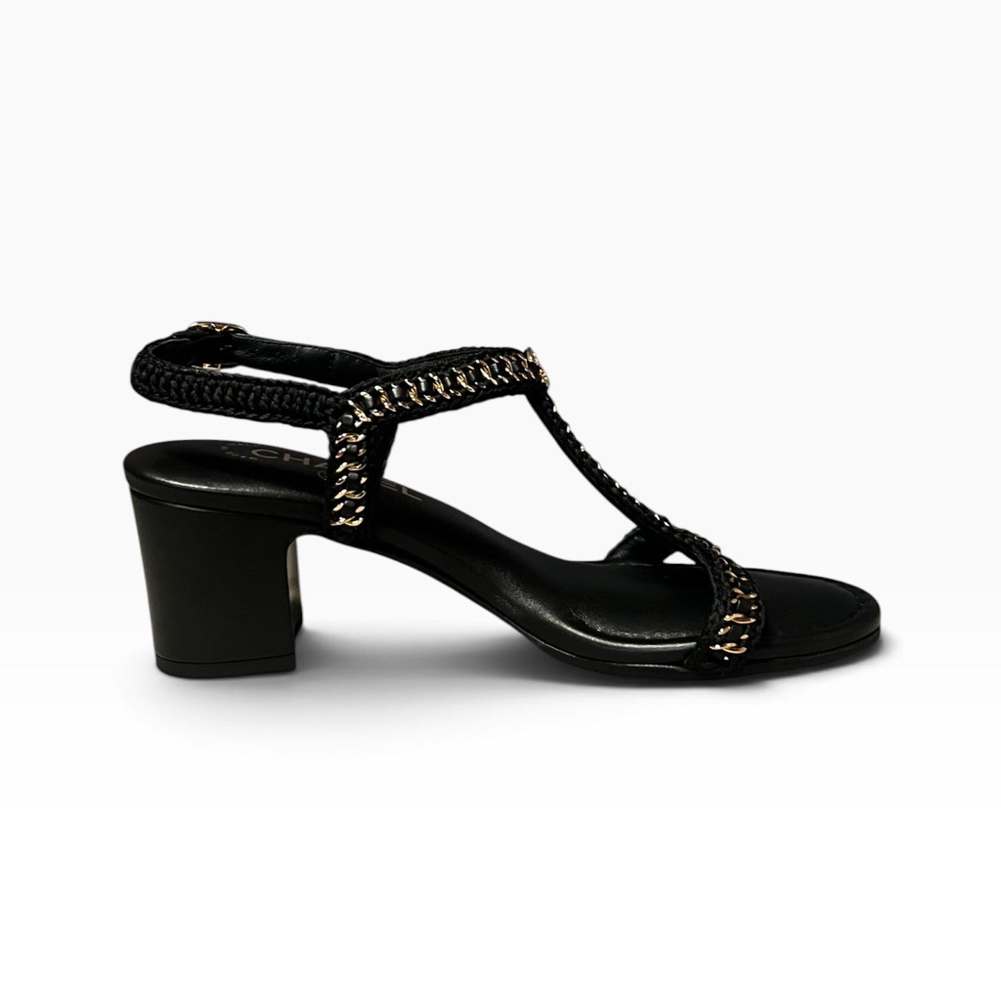 CHANEL Chain Around T Strap Sandal in Black & Gold | 38