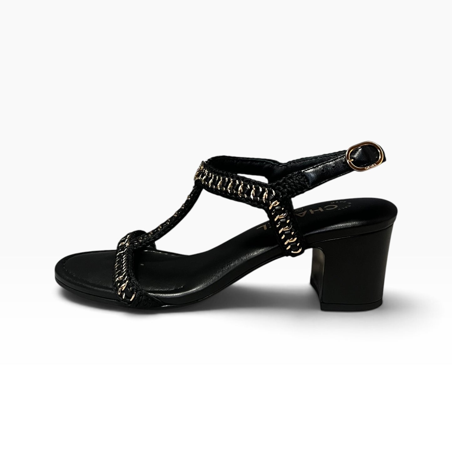 CHANEL Chain Around T Strap Sandal in Black & Gold | 38