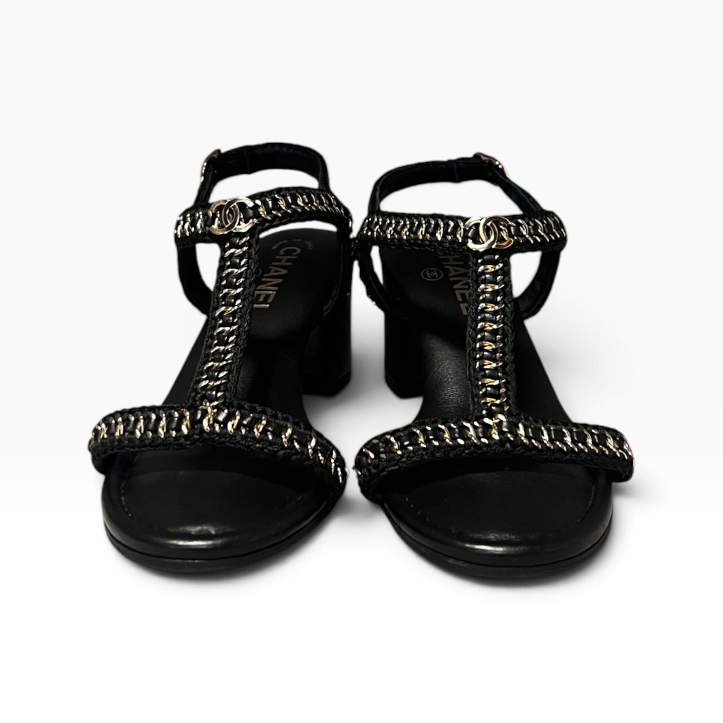 CHANEL Chain Around T Strap Sandal in Black & Gold | 38