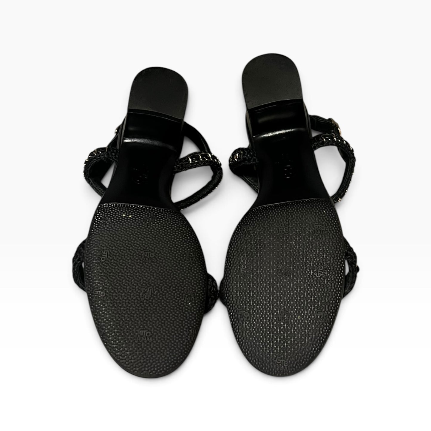 CHANEL Chain Around T Strap Sandal in Black & Gold | 38