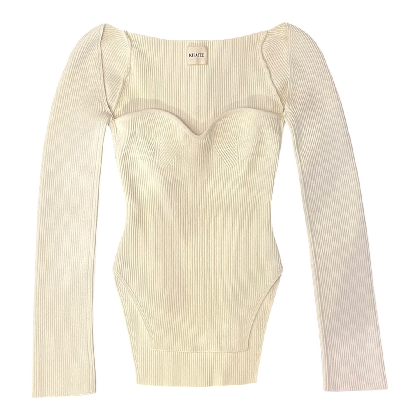 KHAITE Ribbed Knit Sweetheart Top in Ivory | M