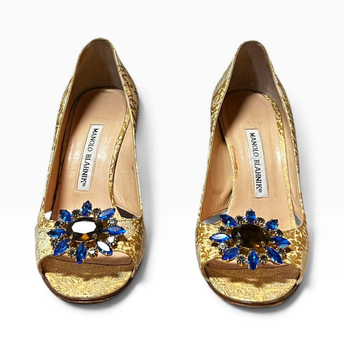MANOLO BLAHNIK Crystal Embellished Damask Pumps in Gold | 37.5