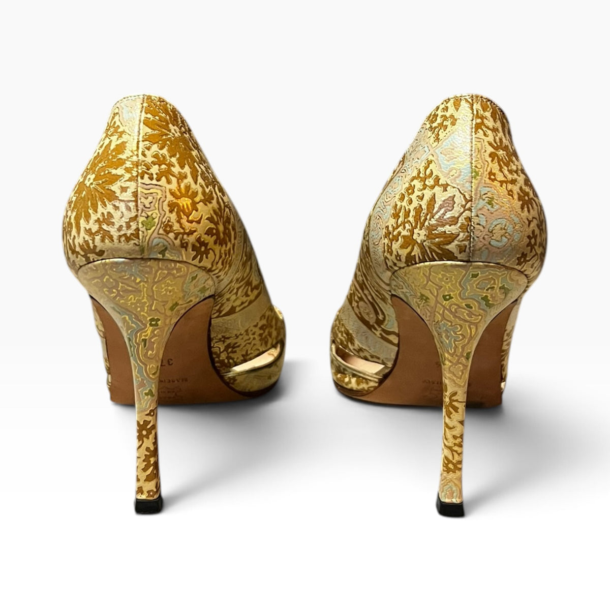 MANOLO BLAHNIK Crystal Embellished Damask Pumps in Gold | 37.5