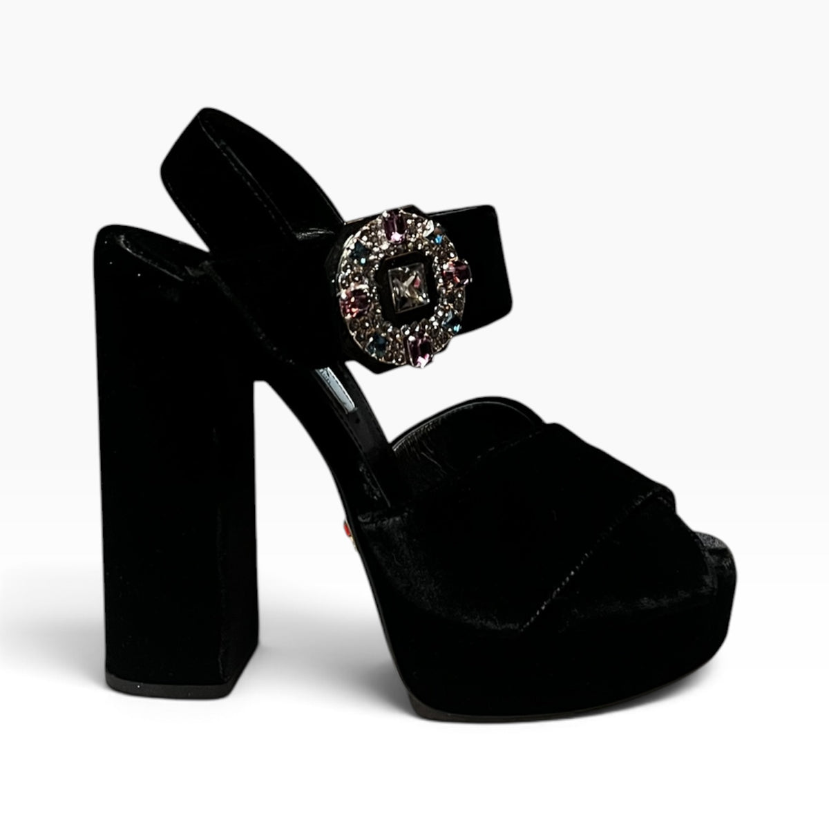 PRADA Jeweled Buckle Velvet Platform Sandals | 37