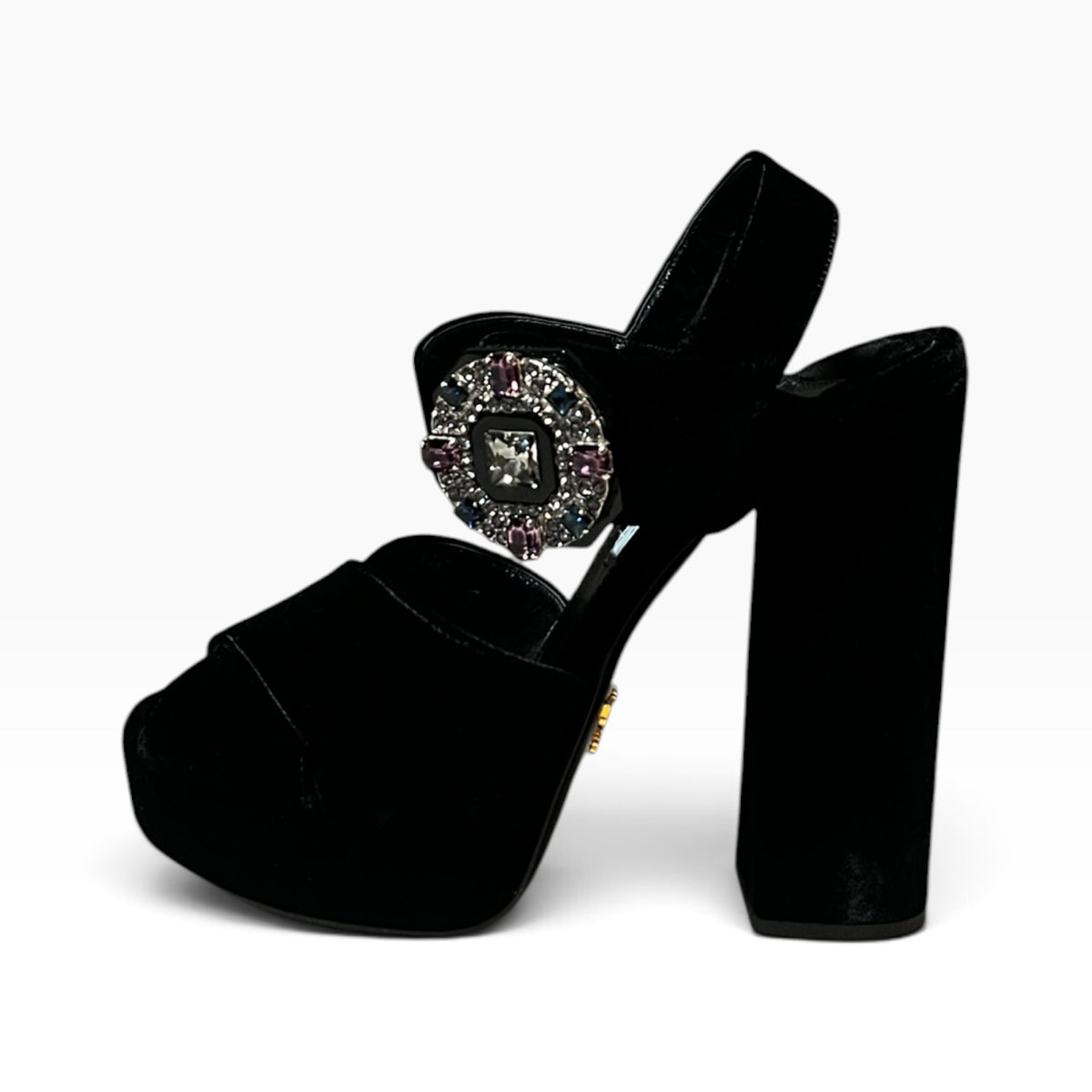 PRADA Jeweled Buckle Velvet Platform Sandals | 37