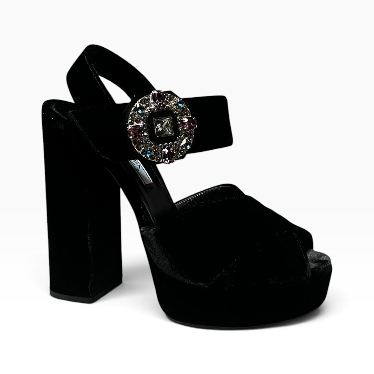 PRADA Jeweled Buckle Velvet Platform Sandals | 37