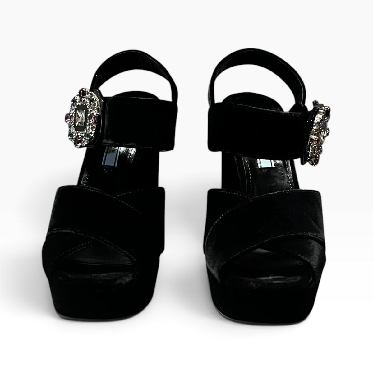 PRADA Jeweled Buckle Velvet Platform Sandals | 37