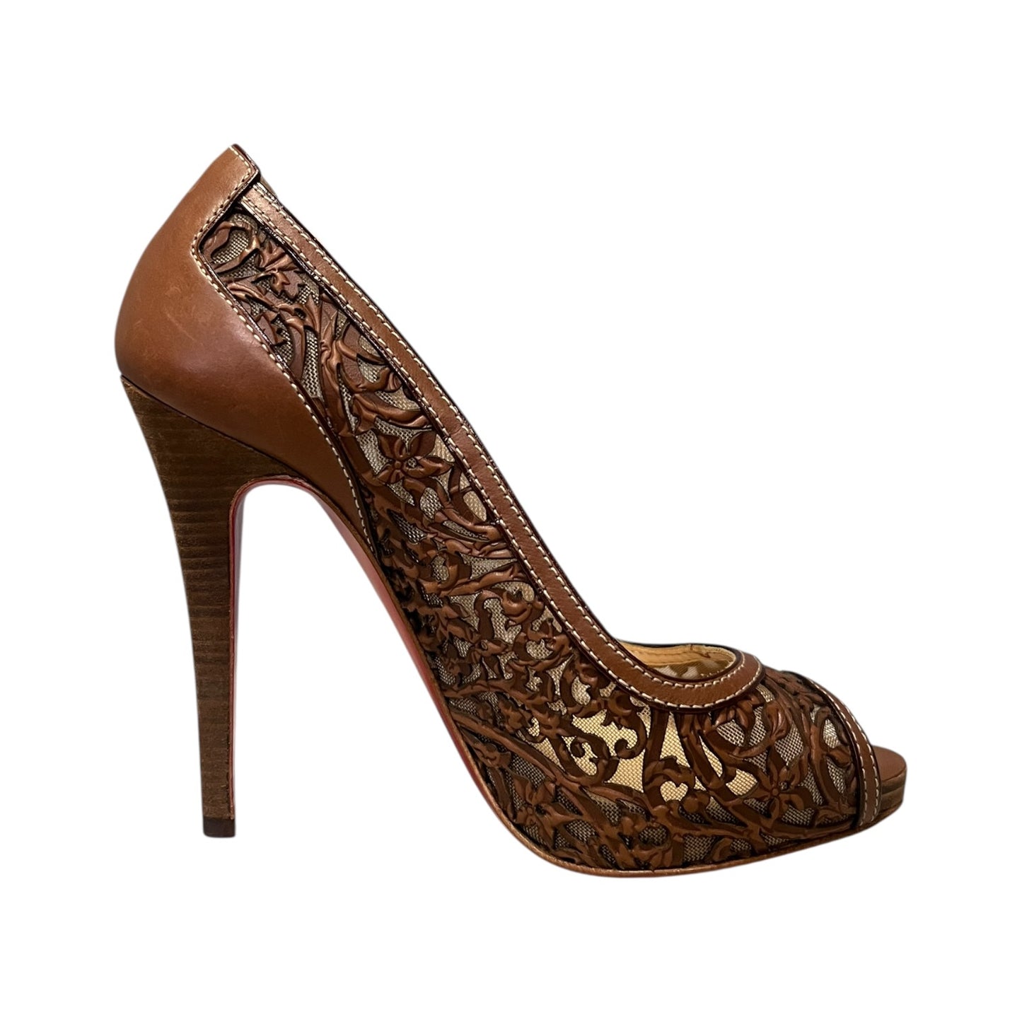 CHRISTIAN LOUBOUTIN Lasercut Peeptoe Pumps in Brown | 36