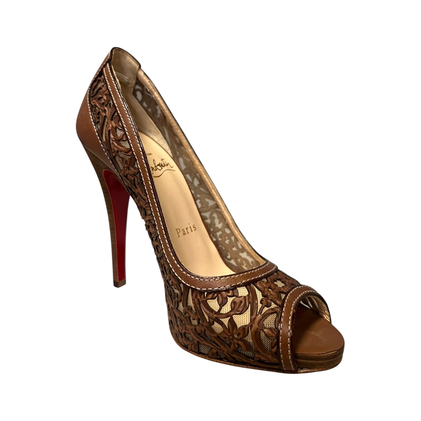 CHRISTIAN LOUBOUTIN Lasercut Peeptoe Pumps in Brown | 36
