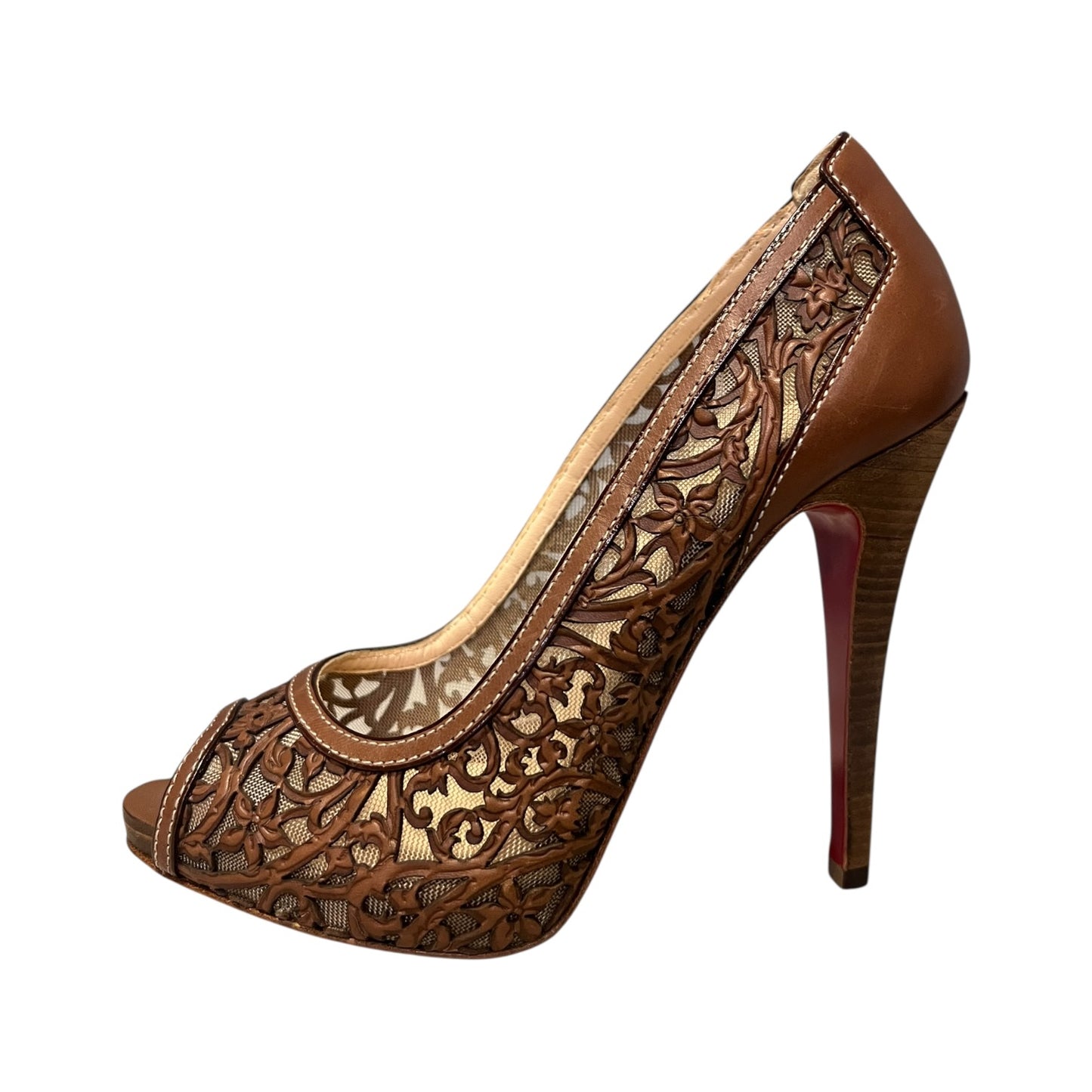 CHRISTIAN LOUBOUTIN Lasercut Peeptoe Pumps in Brown | 36