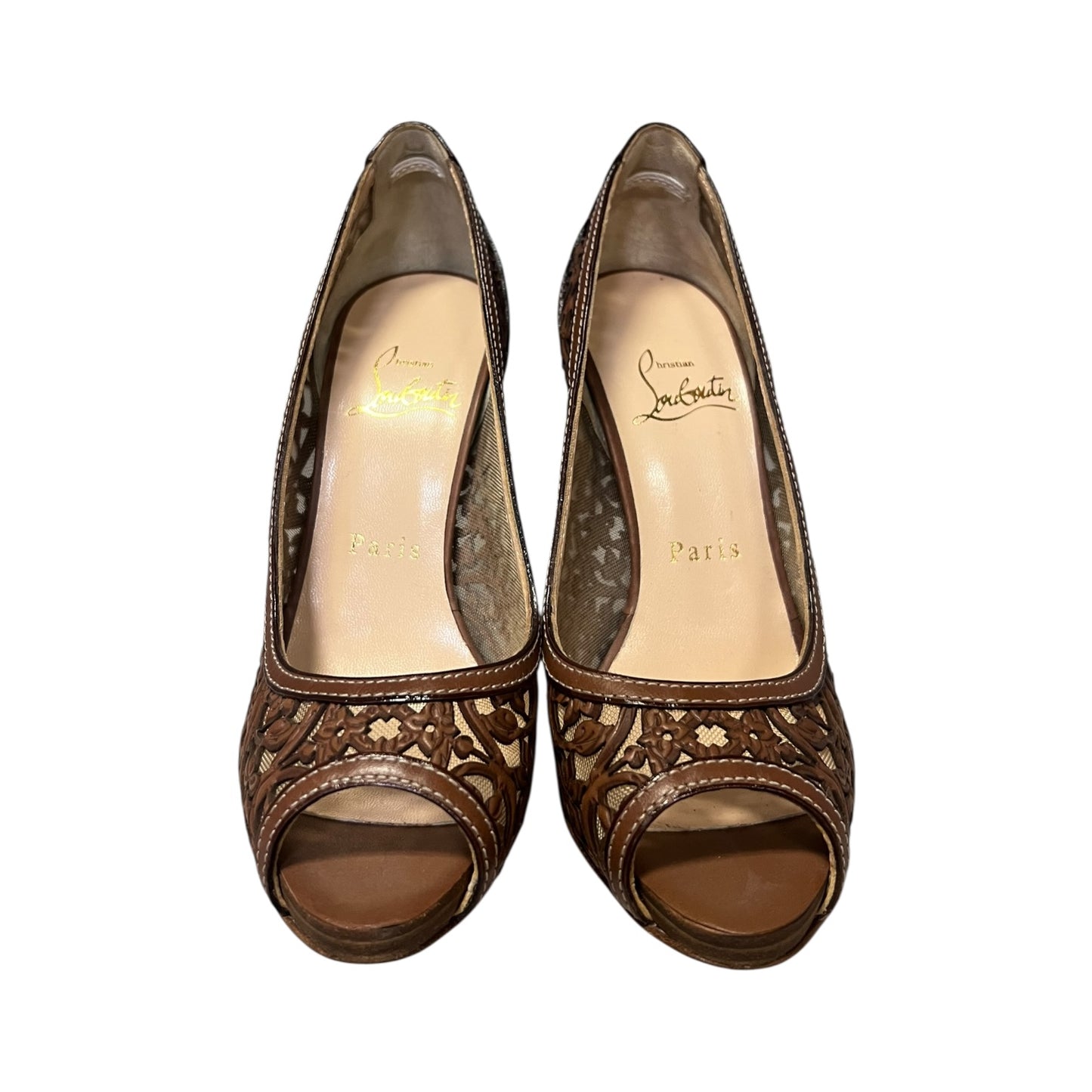 CHRISTIAN LOUBOUTIN Lasercut Peeptoe Pumps in Brown | 36