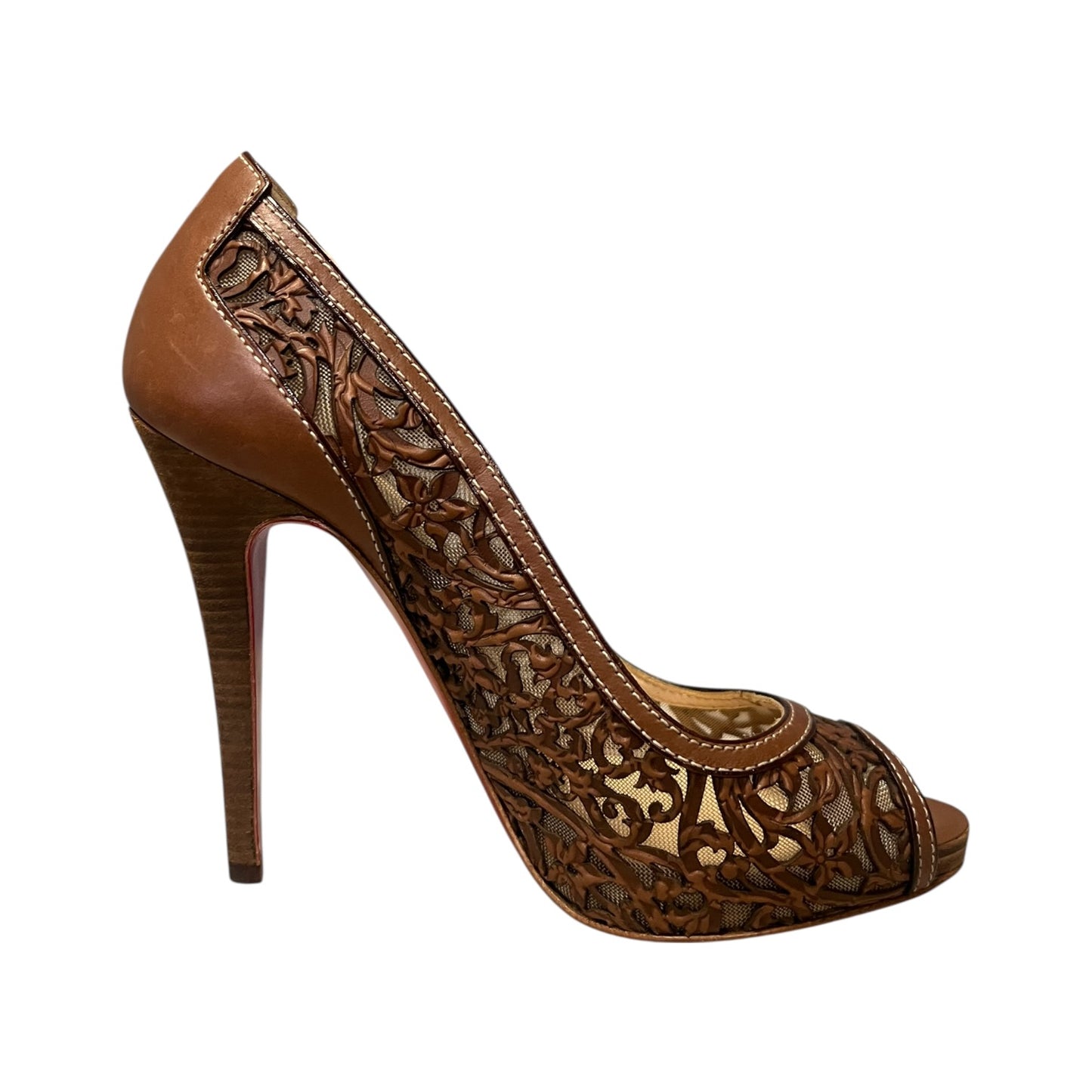 CHRISTIAN LOUBOUTIN Lasercut Peeptoe Pumps in Brown | 36