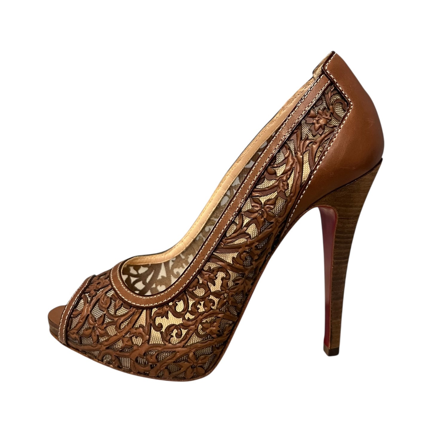 CHRISTIAN LOUBOUTIN Lasercut Peeptoe Pumps in Brown | 36