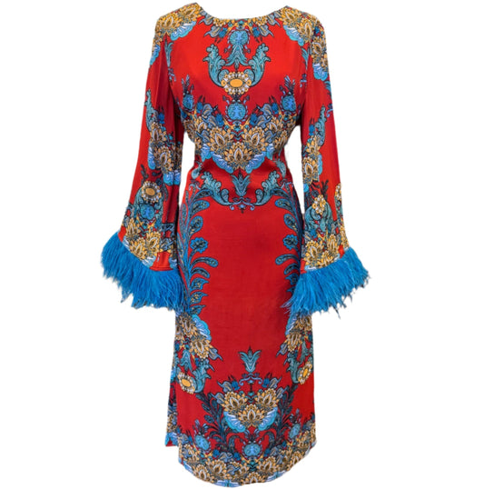 BORGO DE NOR Print Feather Sleeve Dress | Size 14