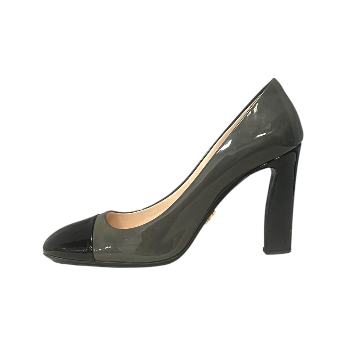 PRADA Patent Cap Toe Pumps in Gray & Black | 40