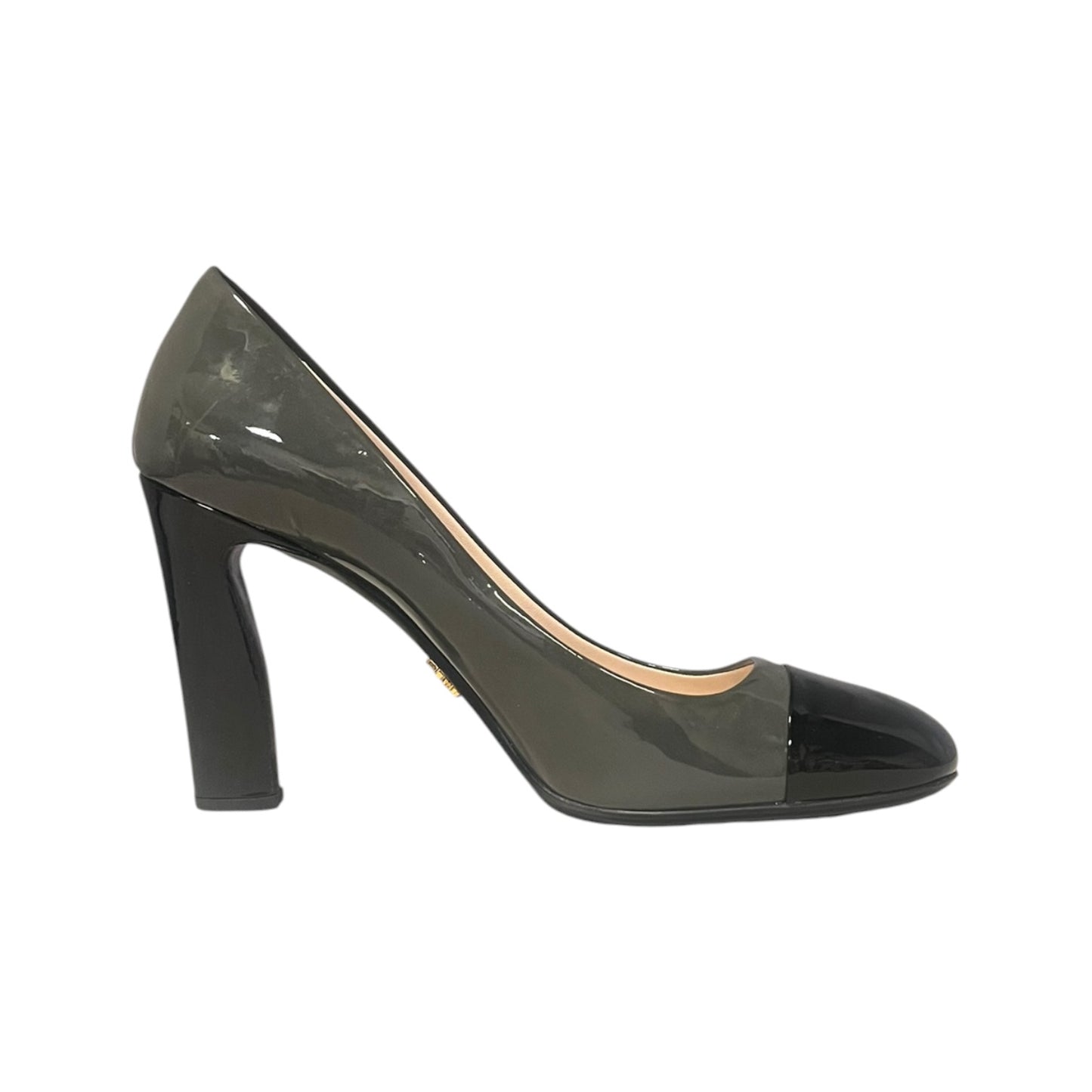 PRADA Patent Cap Toe Pumps in Gray & Black | 40