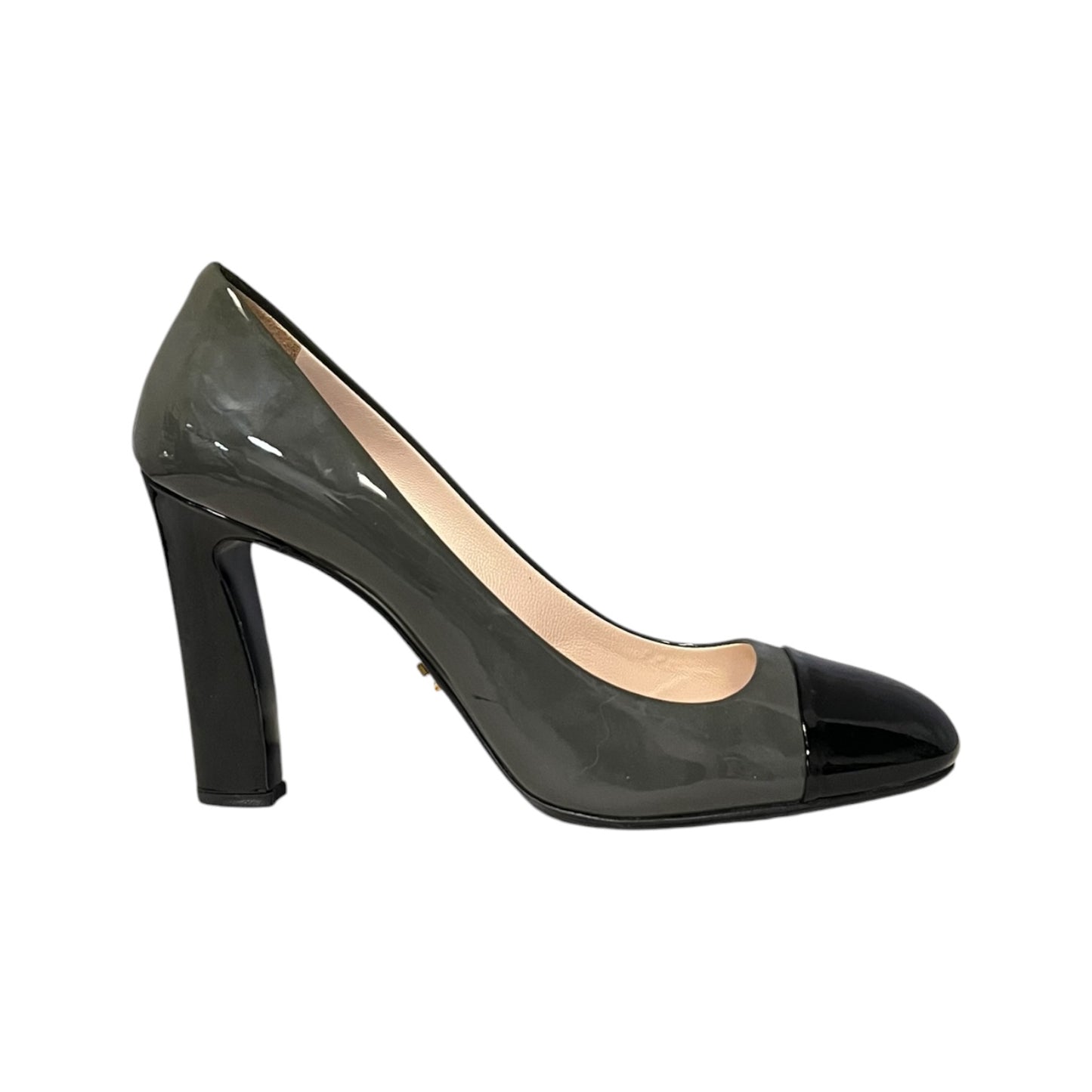 PRADA Patent Cap Toe Pumps in Gray & Black | 40