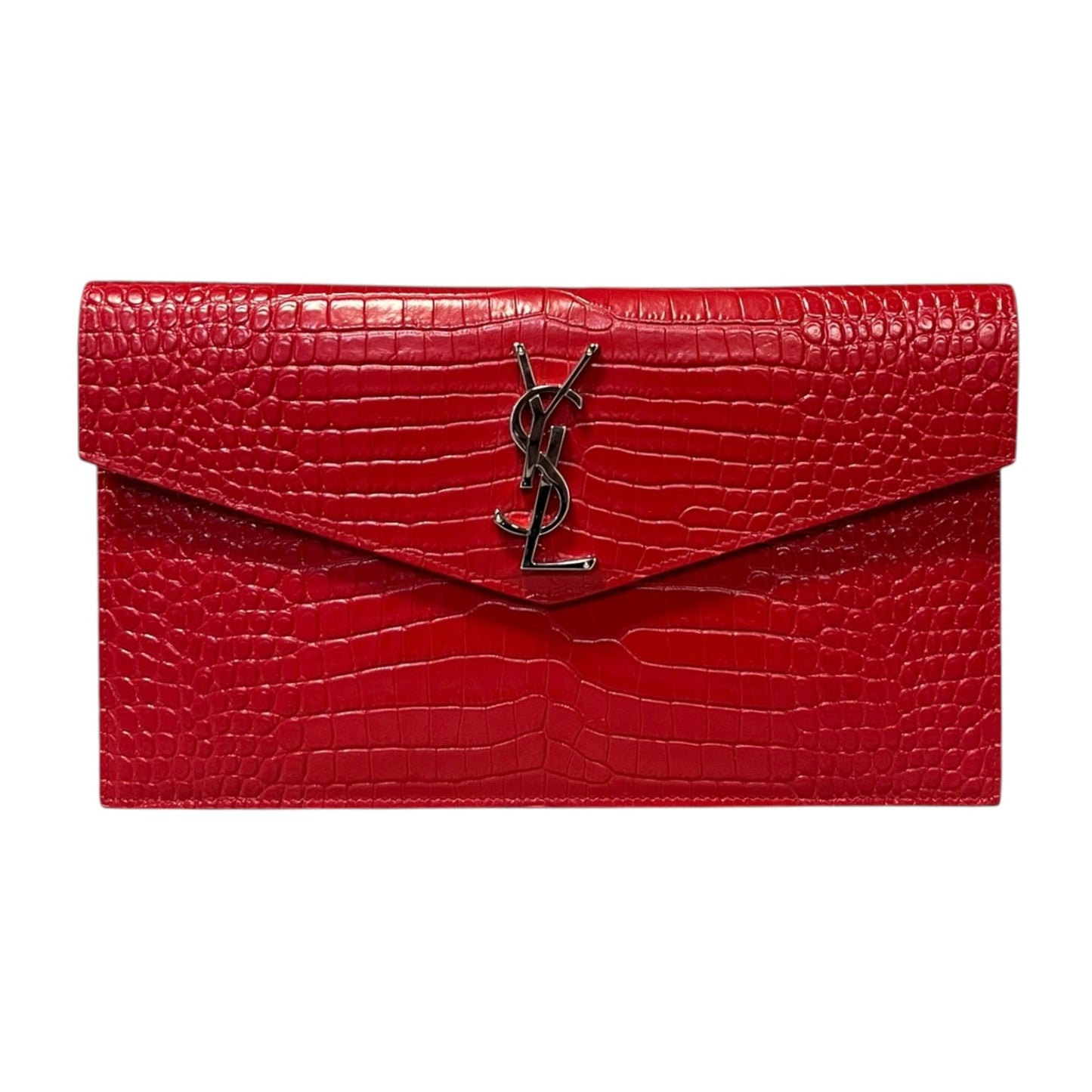 SAINT LAURENT Uptown Crocodile Embossed Pouch in Red
