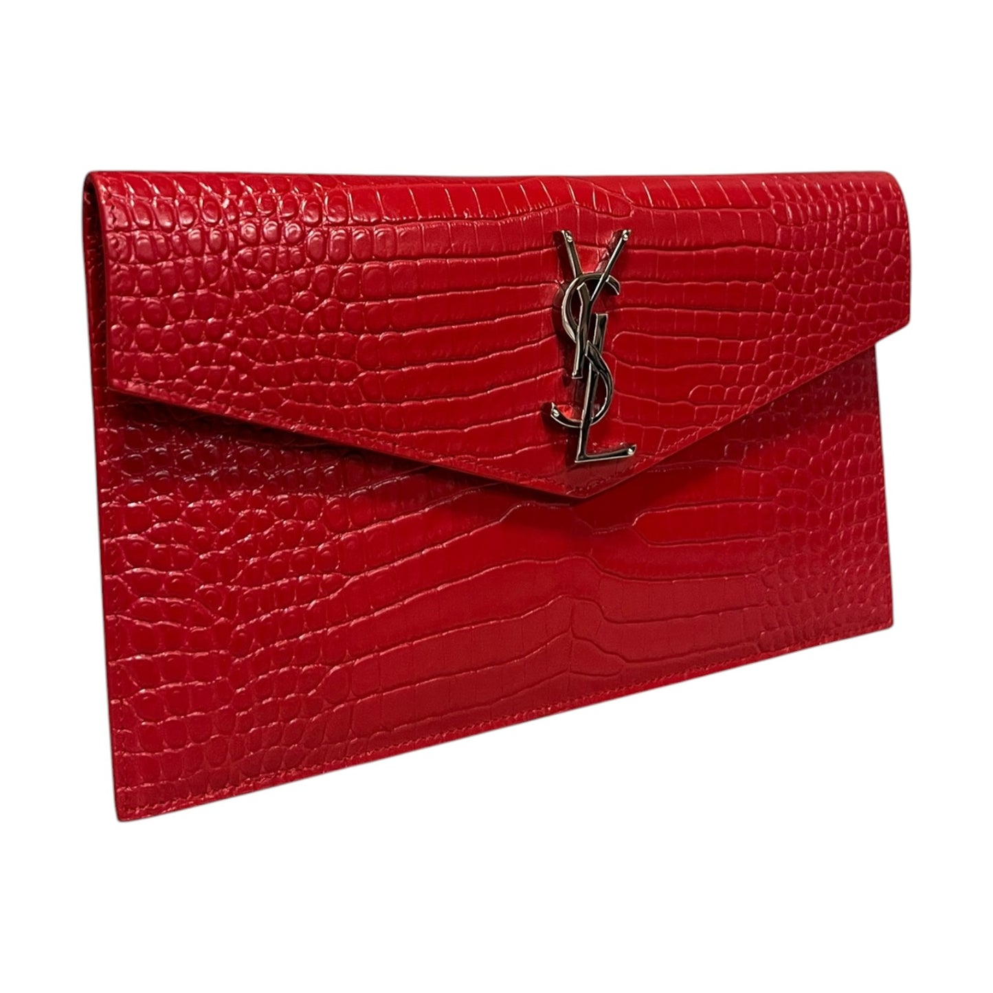 SAINT LAURENT Uptown Crocodile Embossed Pouch in Red
