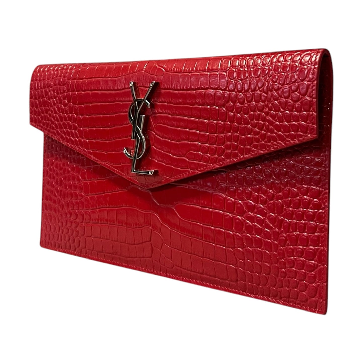 SAINT LAURENT Uptown Crocodile Embossed Pouch in Red