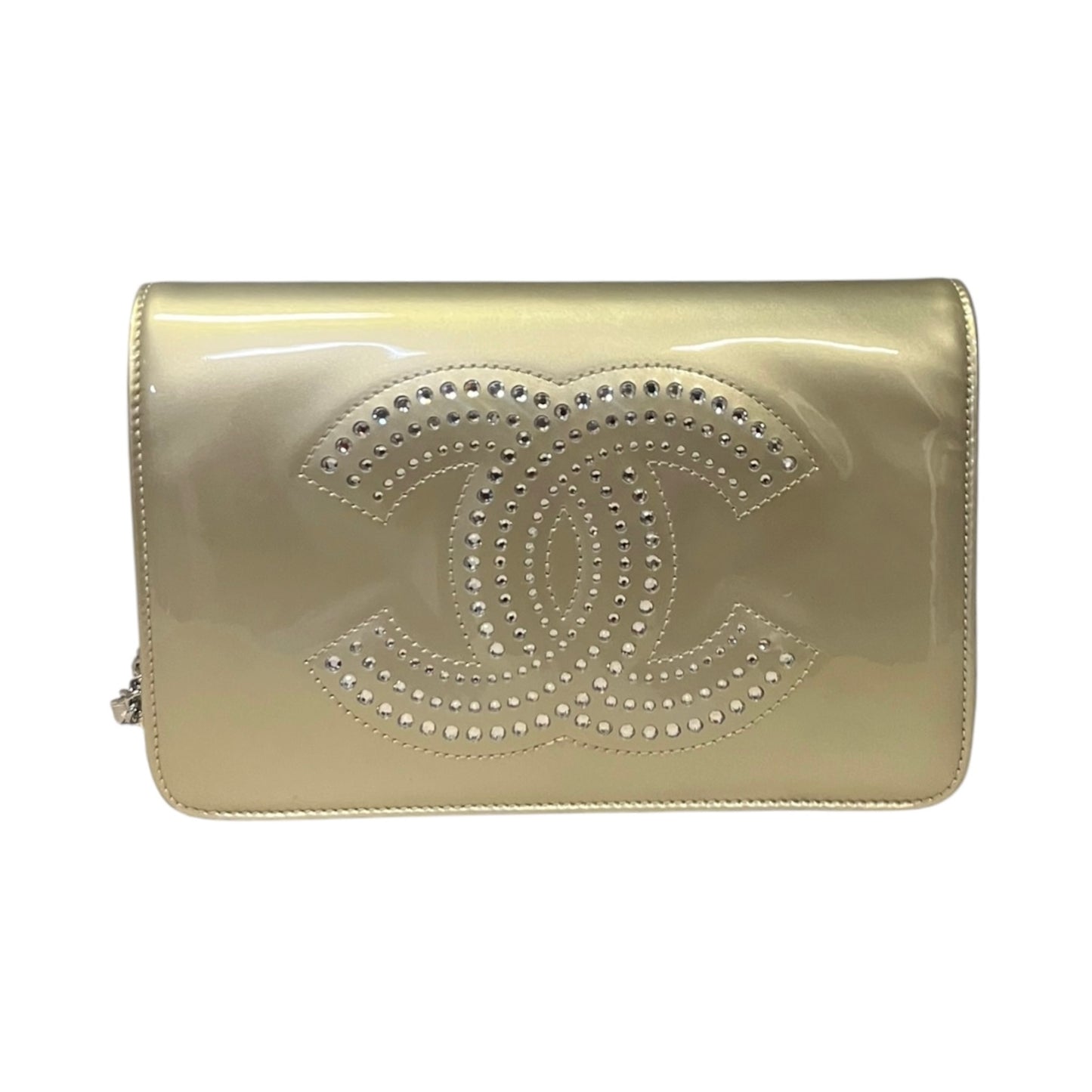 CHANEL Strass CC Patent Wallet On Chain WOC in Gold