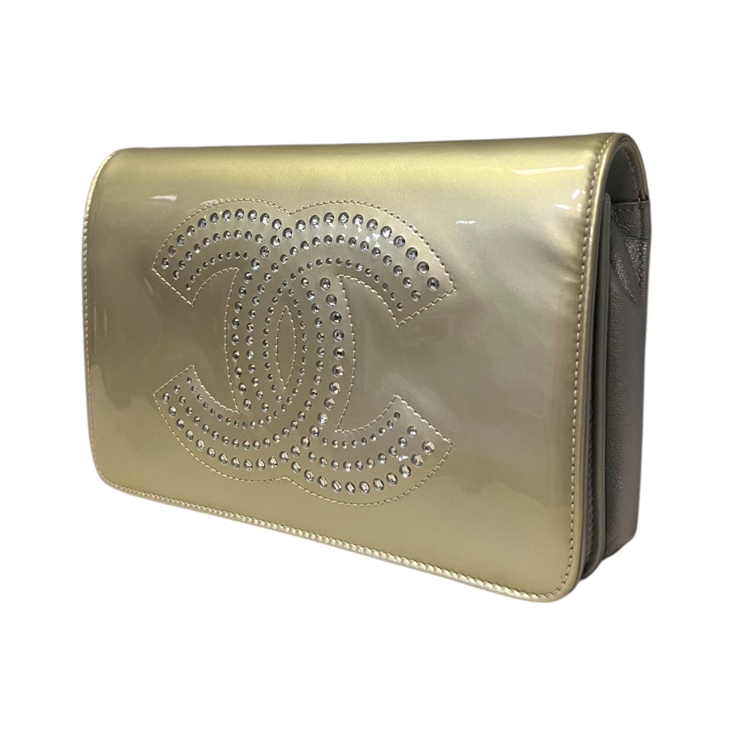 CHANEL Strass CC Patent Wallet On Chain WOC in Gold