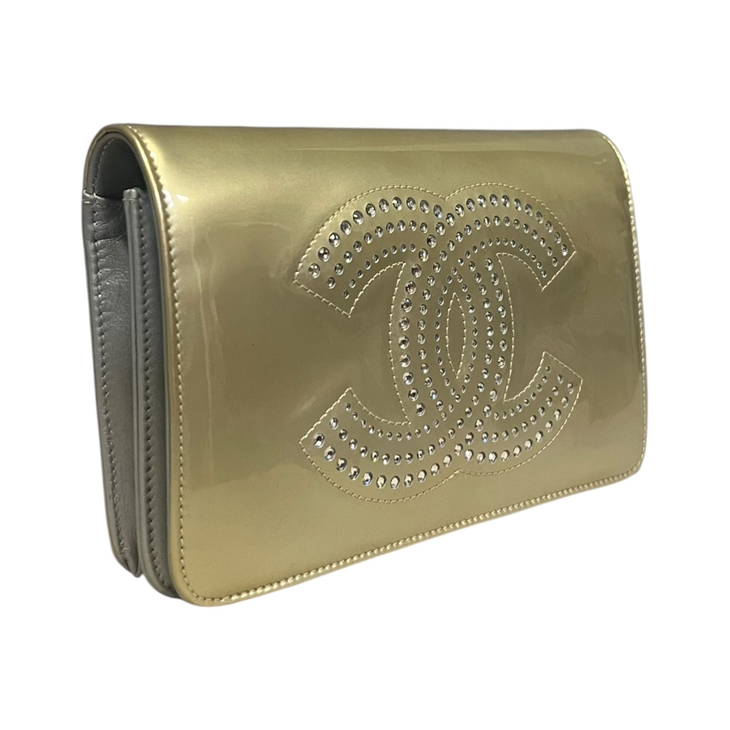 CHANEL Strass CC Patent Wallet On Chain WOC in Gold