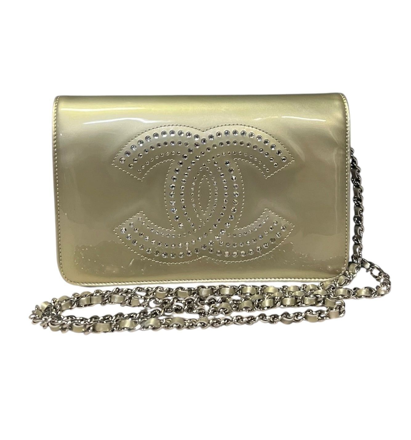 CHANEL Strass CC Patent Wallet On Chain WOC in Gold
