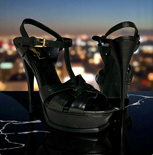 SAINT LAURENT Embossed Tribute Sandals in Black| 37