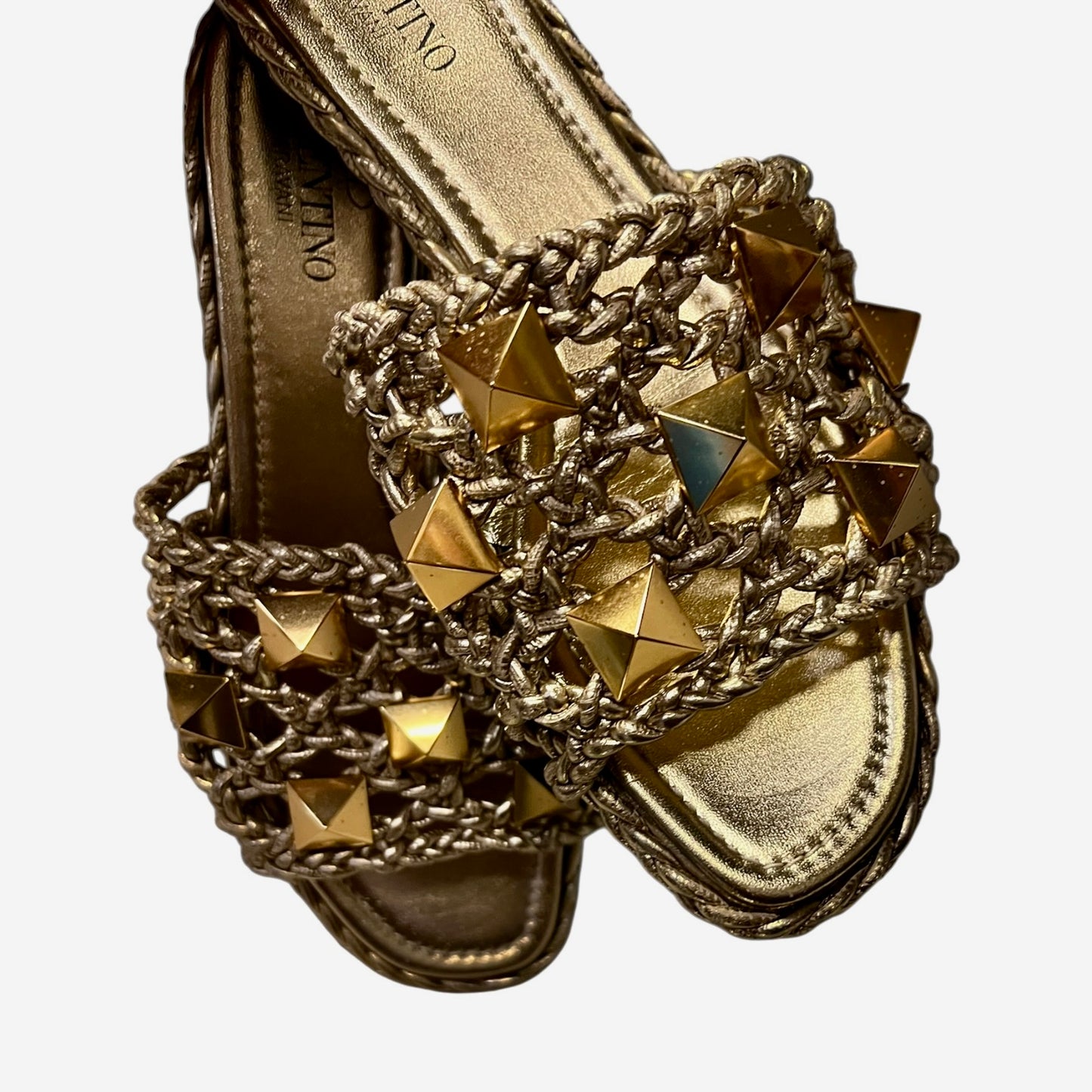 VALENTINO Woven Roman Stud Slide Sandals in Gold | 37