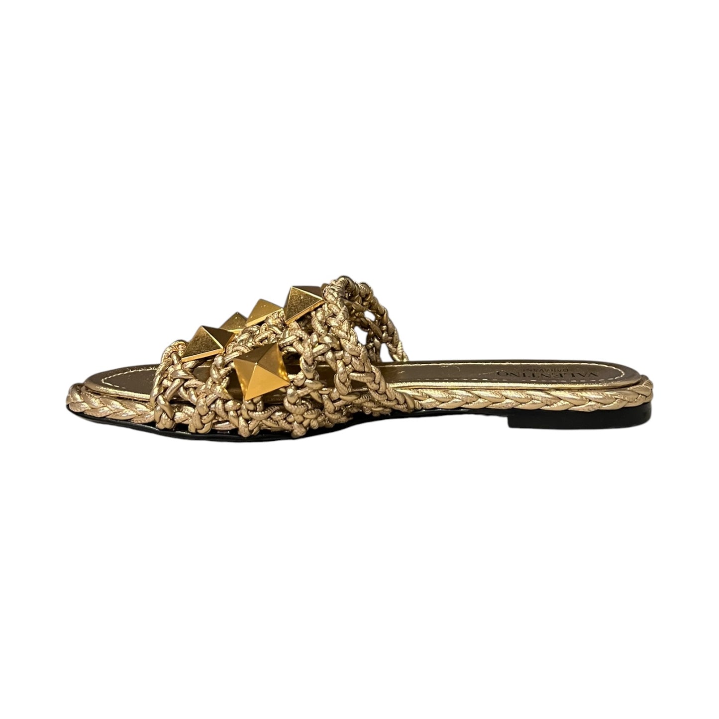 VALENTINO Woven Roman Stud Slide Sandals in Gold | 37