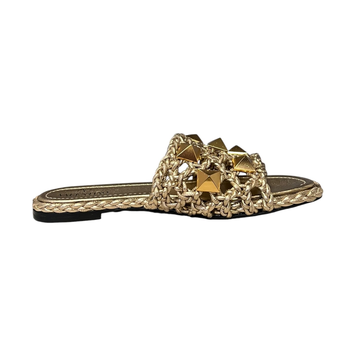VALENTINO Woven Roman Stud Slide Sandals in Gold | 37