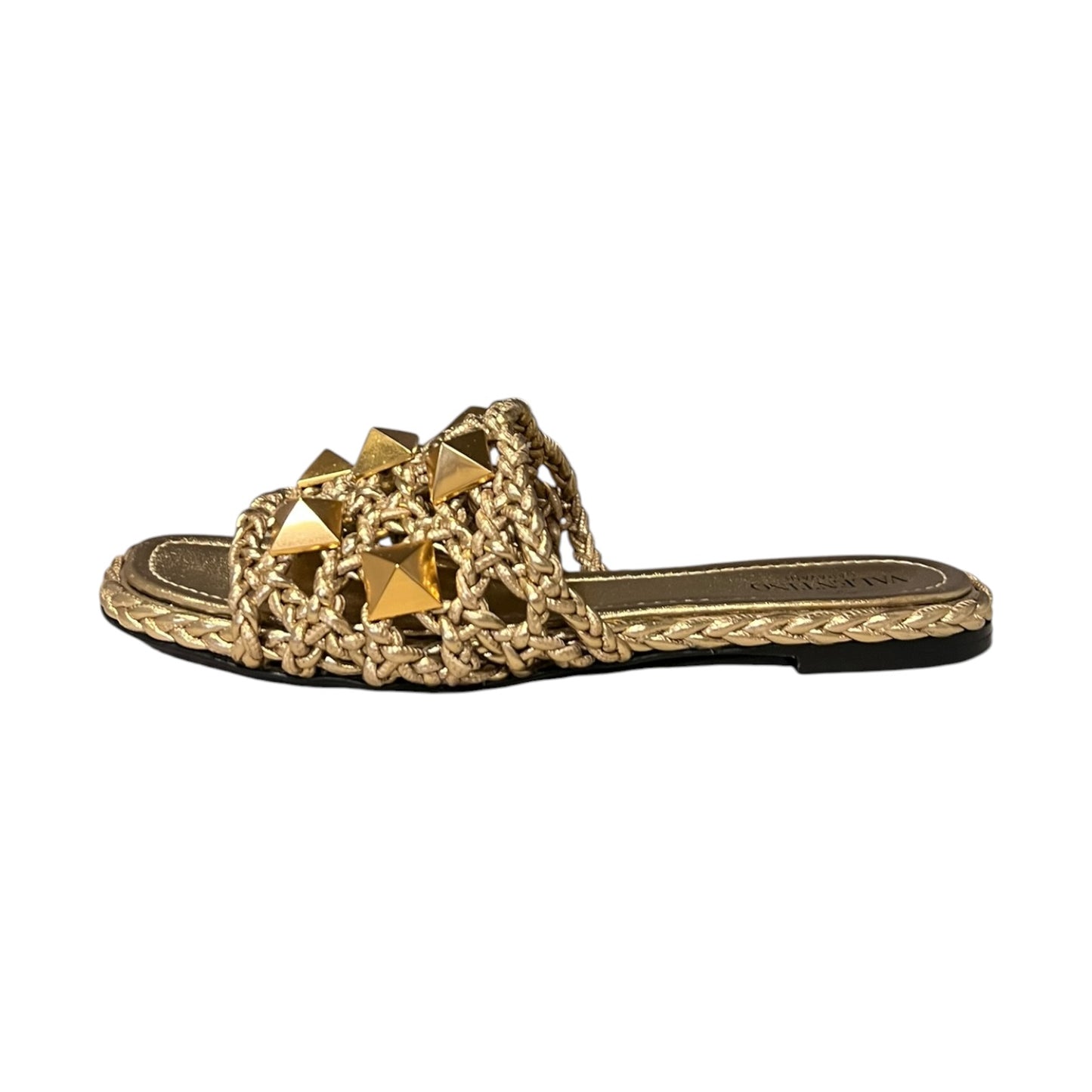 VALENTINO Woven Roman Stud Slide Sandals in Gold | 37