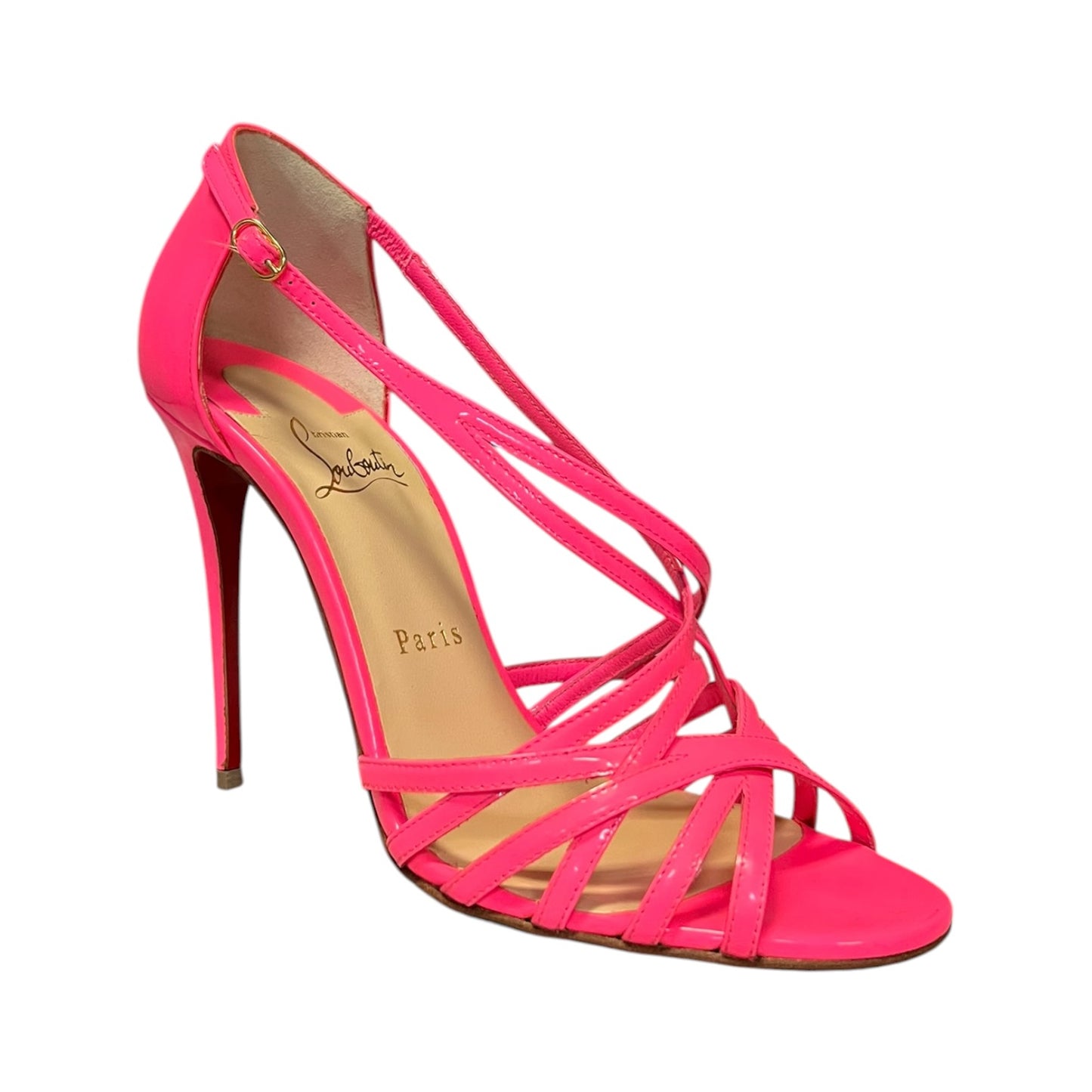 CHRISTIAN LOUBOUTIN Paris Ete Patent Sandal in Shocking Pink | 38
