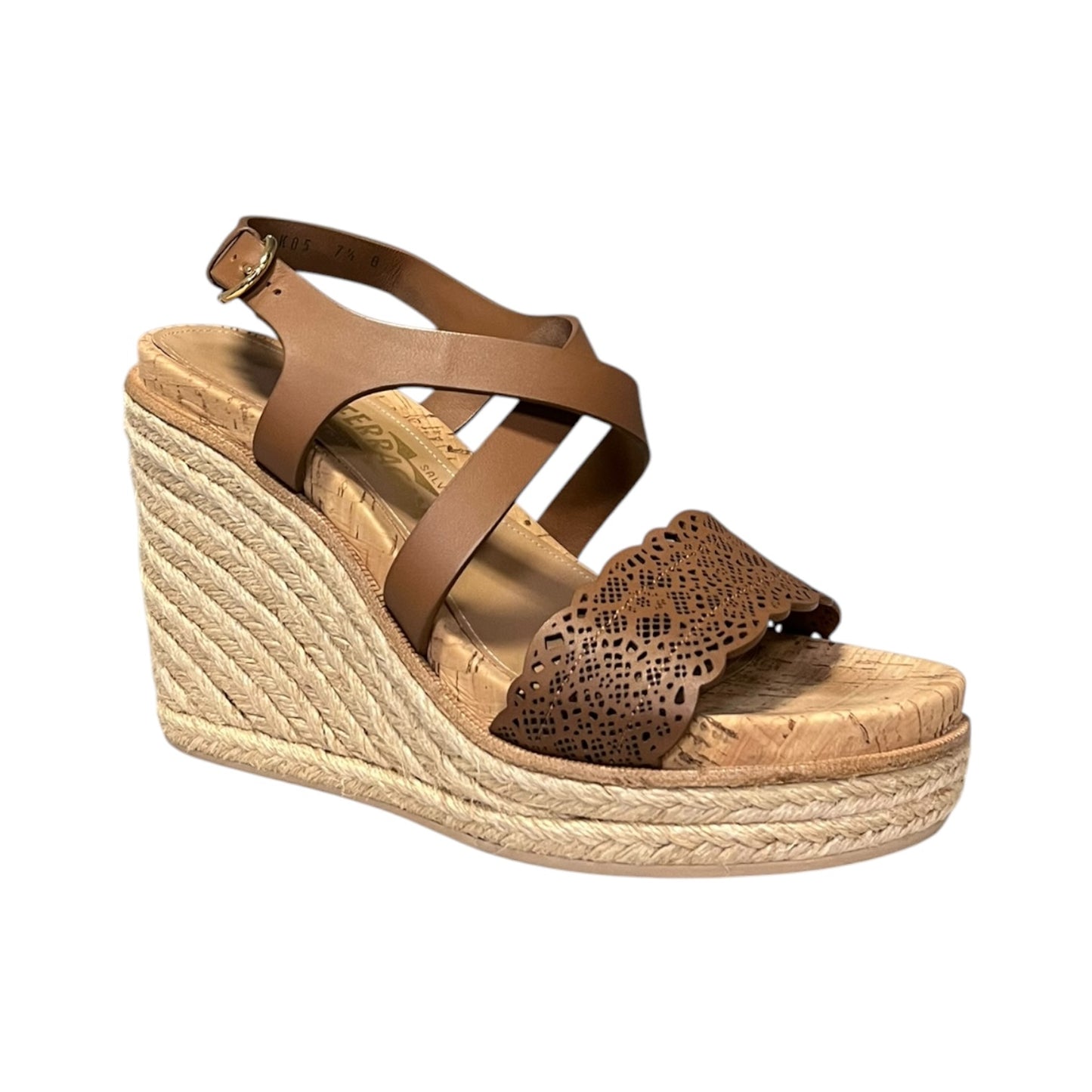 FERRAGAMO Lasercut Espadrille Wedge Sandal in Brown | 37.5