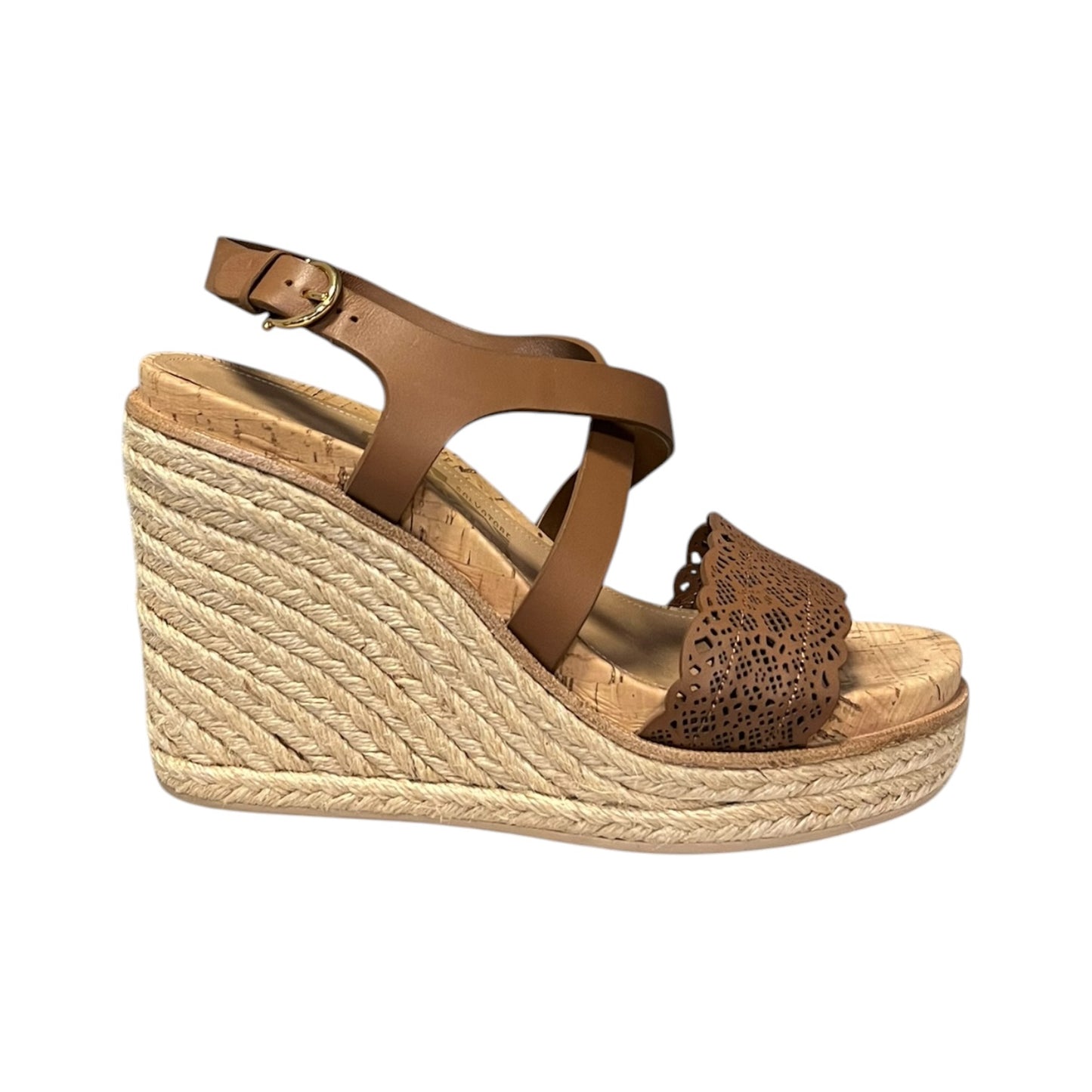FERRAGAMO Lasercut Espadrille Wedge Sandal in Brown | 37.5