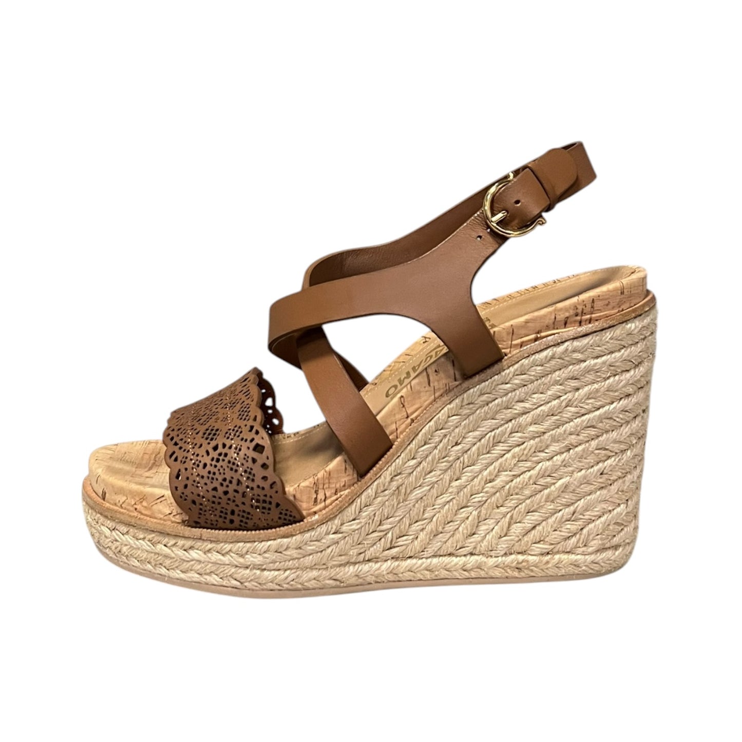 FERRAGAMO Lasercut Espadrille Wedge Sandal in Brown | 37.5