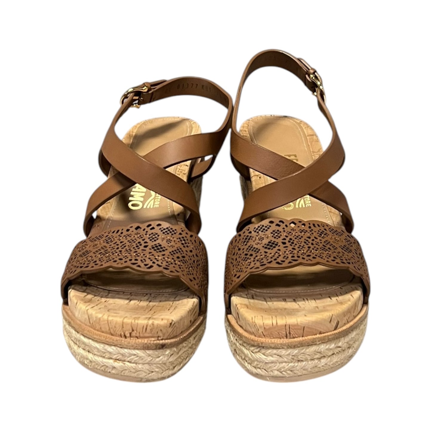 FERRAGAMO Lasercut Espadrille Wedge Sandal in Brown | 37.5