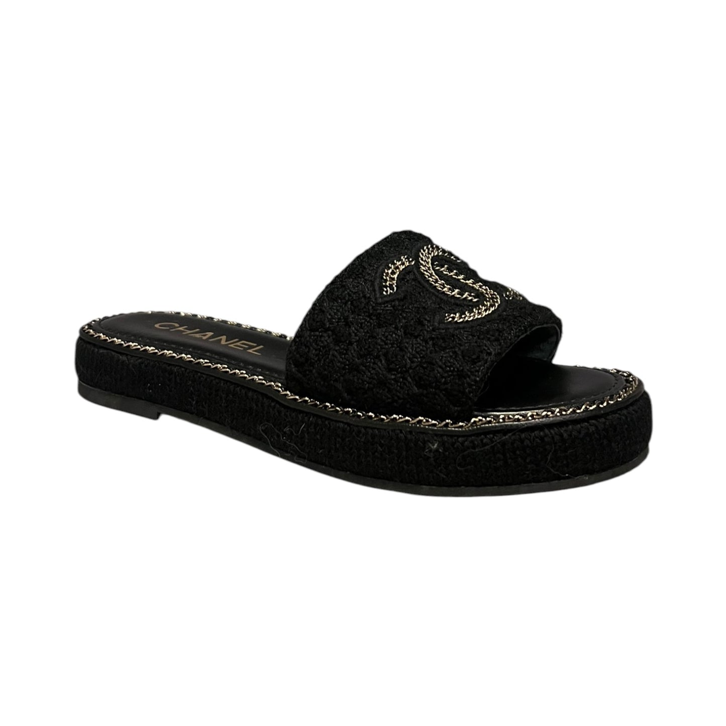 CHANEL CC Chain Alpaca Slide Sandals in Black |