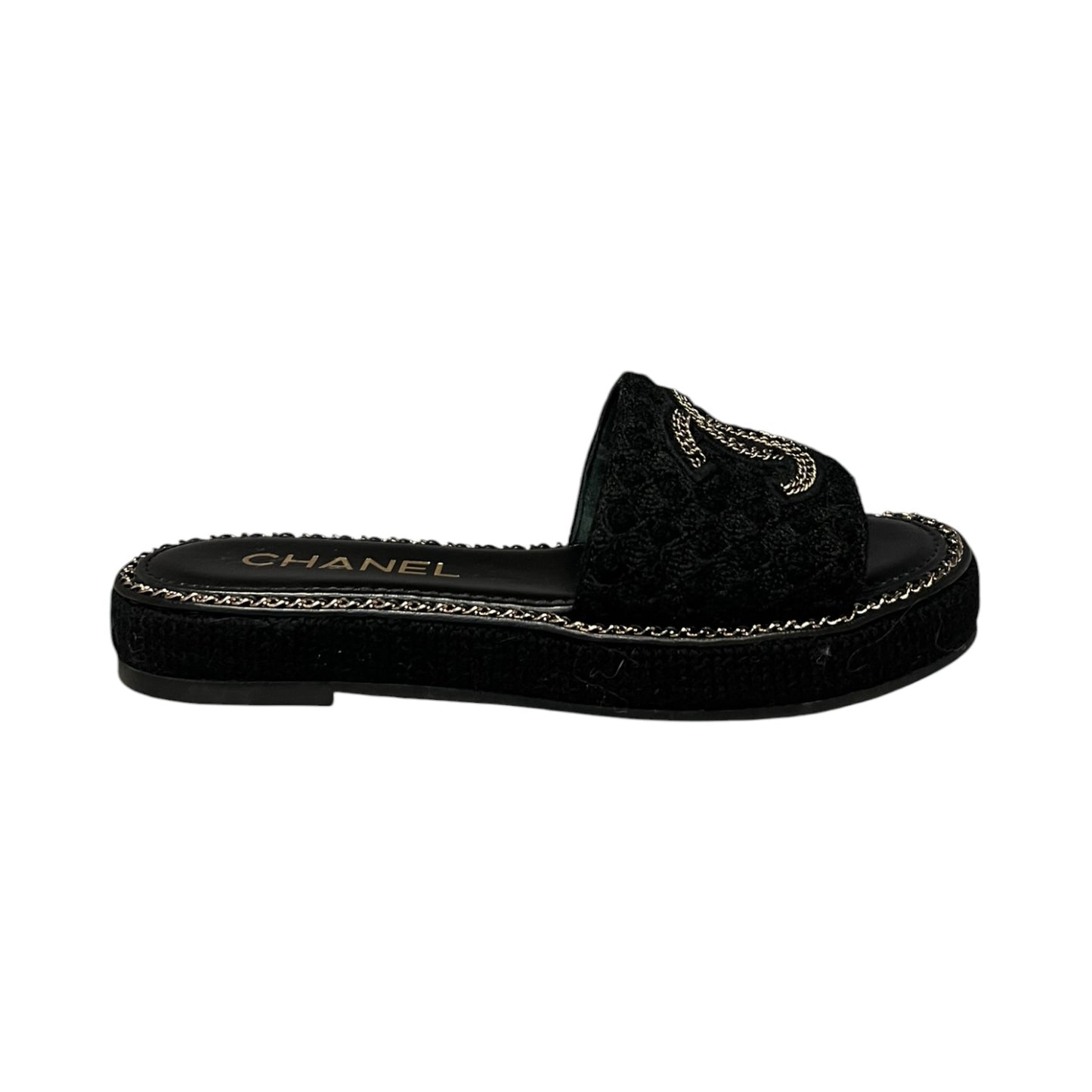 CHANEL CC Chain Alpaca Slide Sandals in Black |