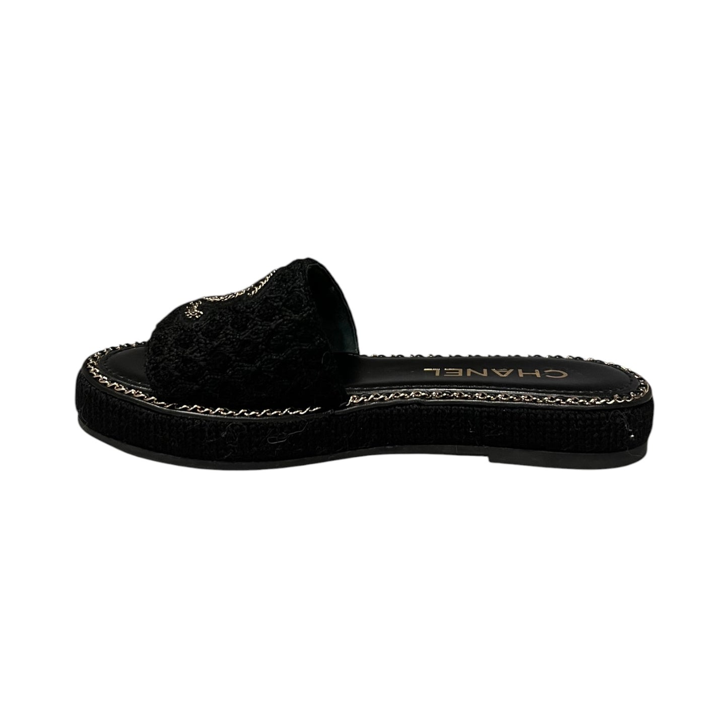 CHANEL CC Chain Alpaca Slide Sandals in Black |