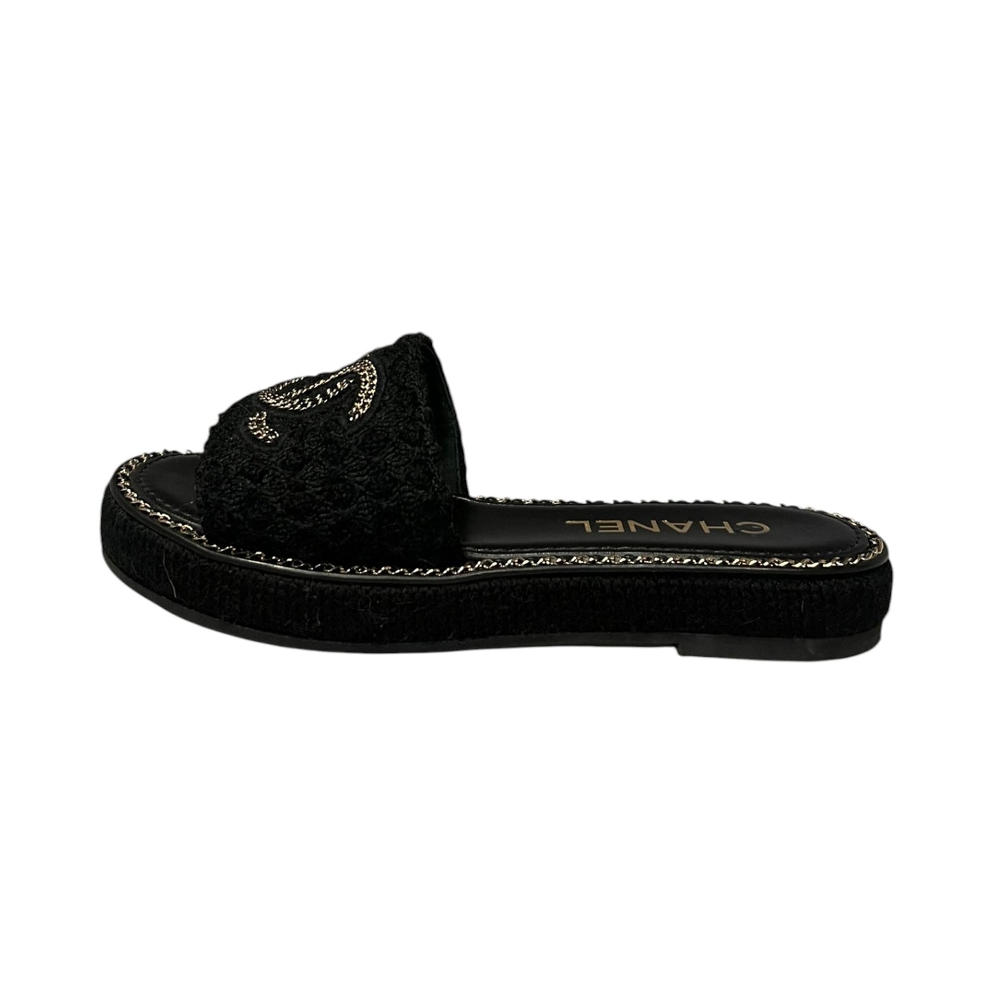 CHANEL CC Chain Alpaca Slide Sandals in Black |